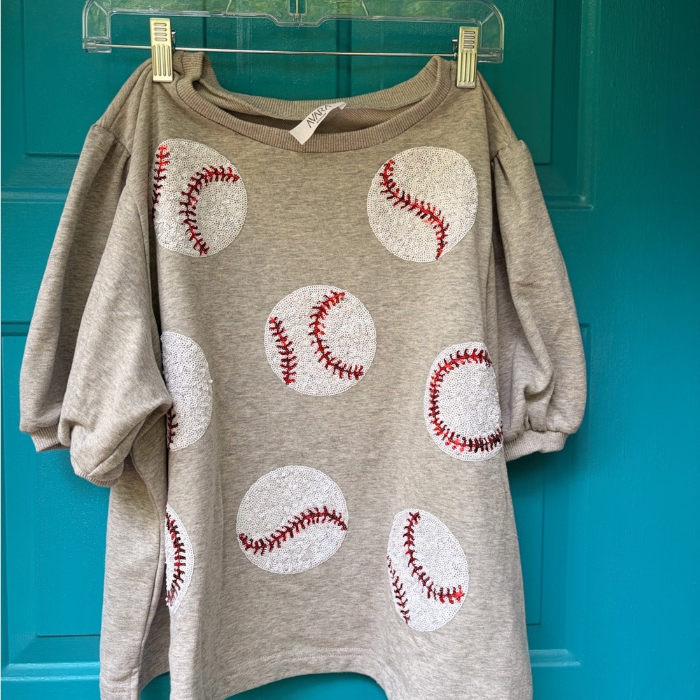 Womens Gray Baseball Sequin Top